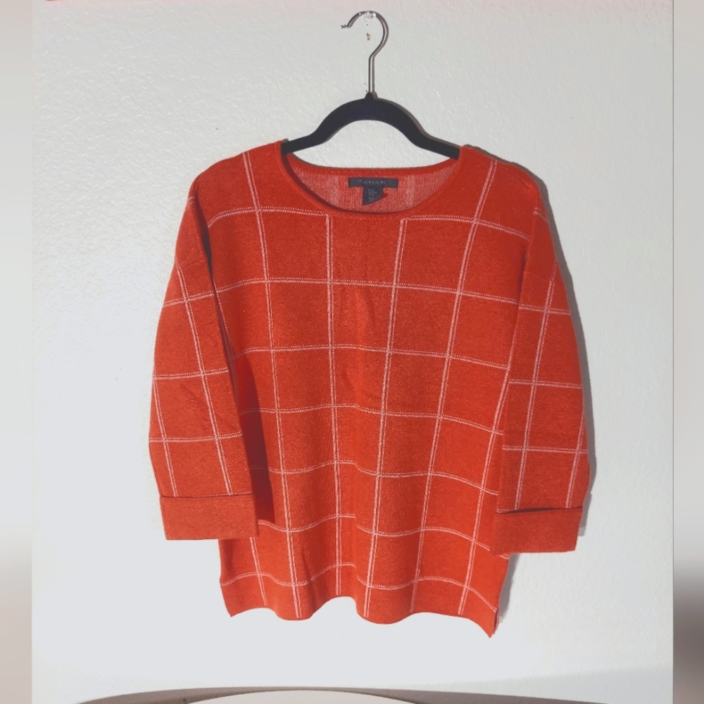TAHARI Orange & White Boatneck 3/4 Sleeve Knit Sweater Women's Size US M NWT